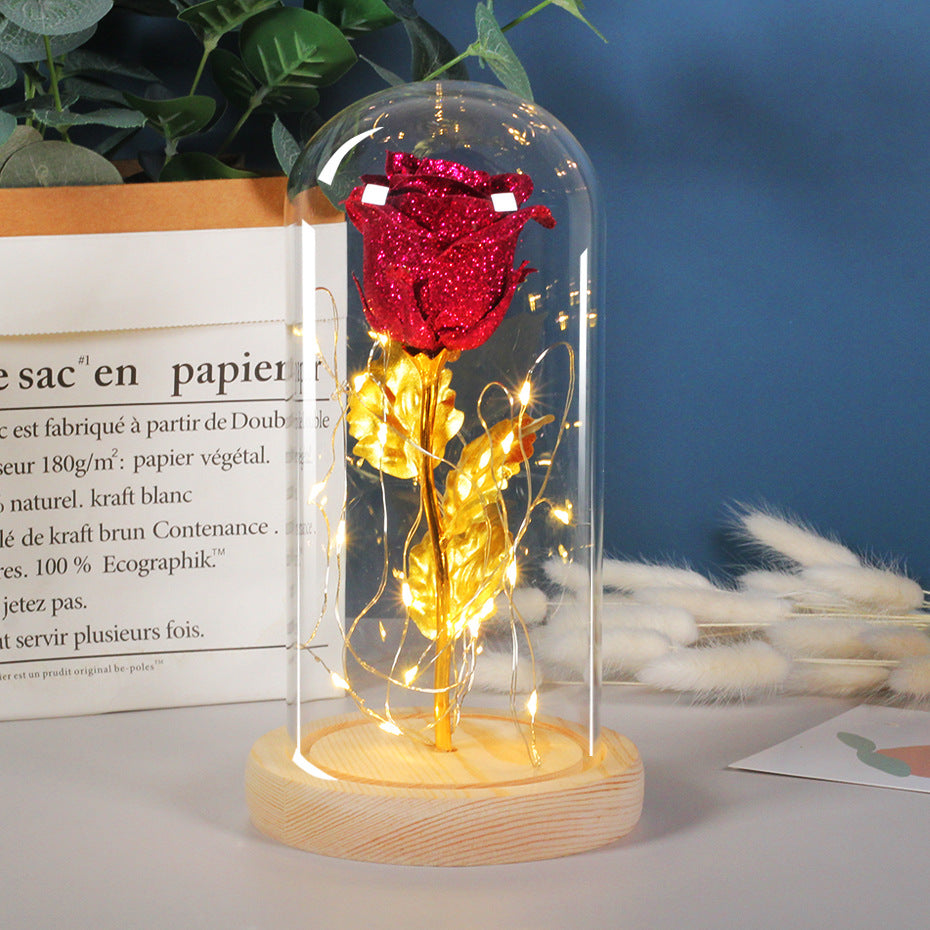 Rose Flowers  Glitter LED Light In Glass